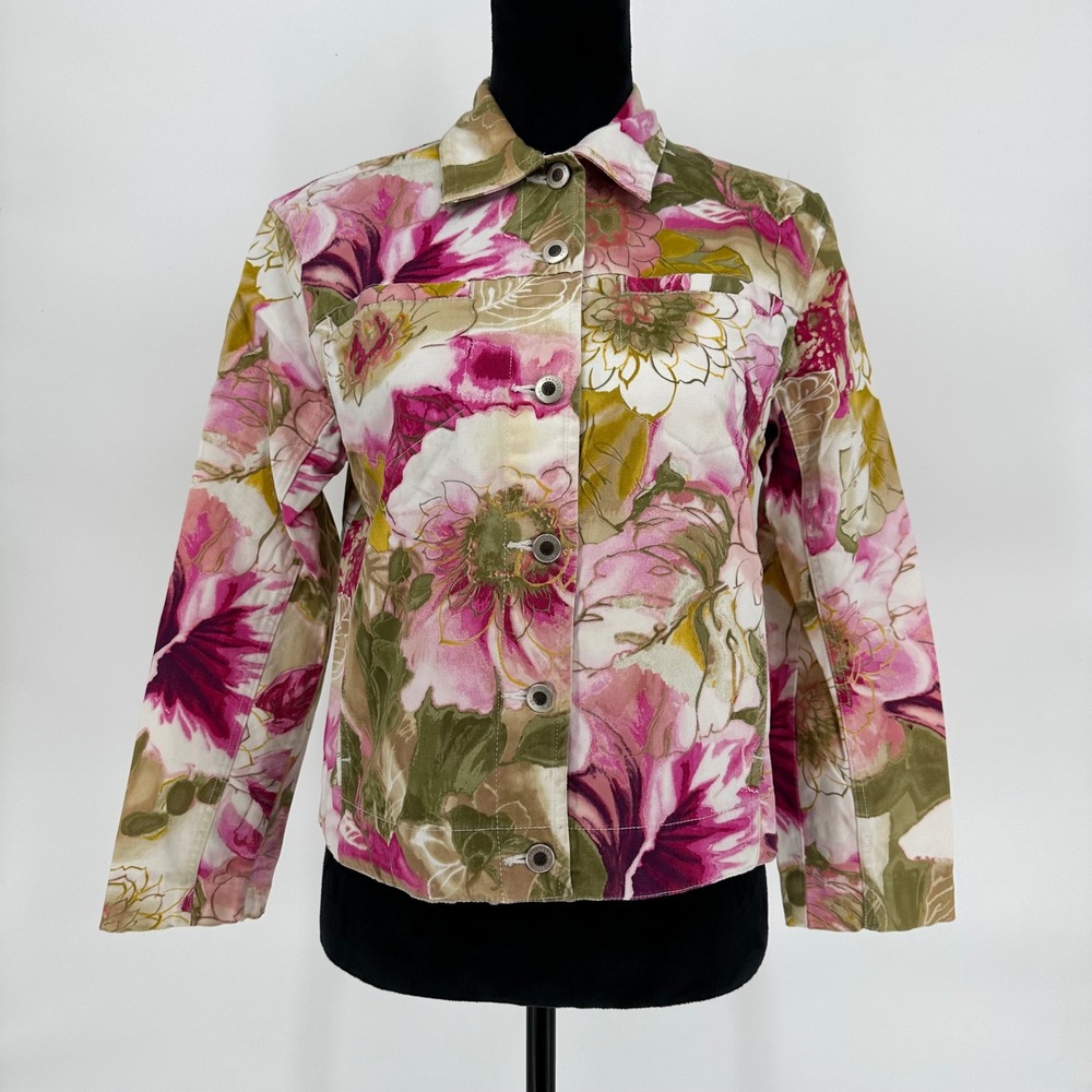 Caribbean Joe Floral Botanical Denim Stretch Button Up Jacket Pockets Small